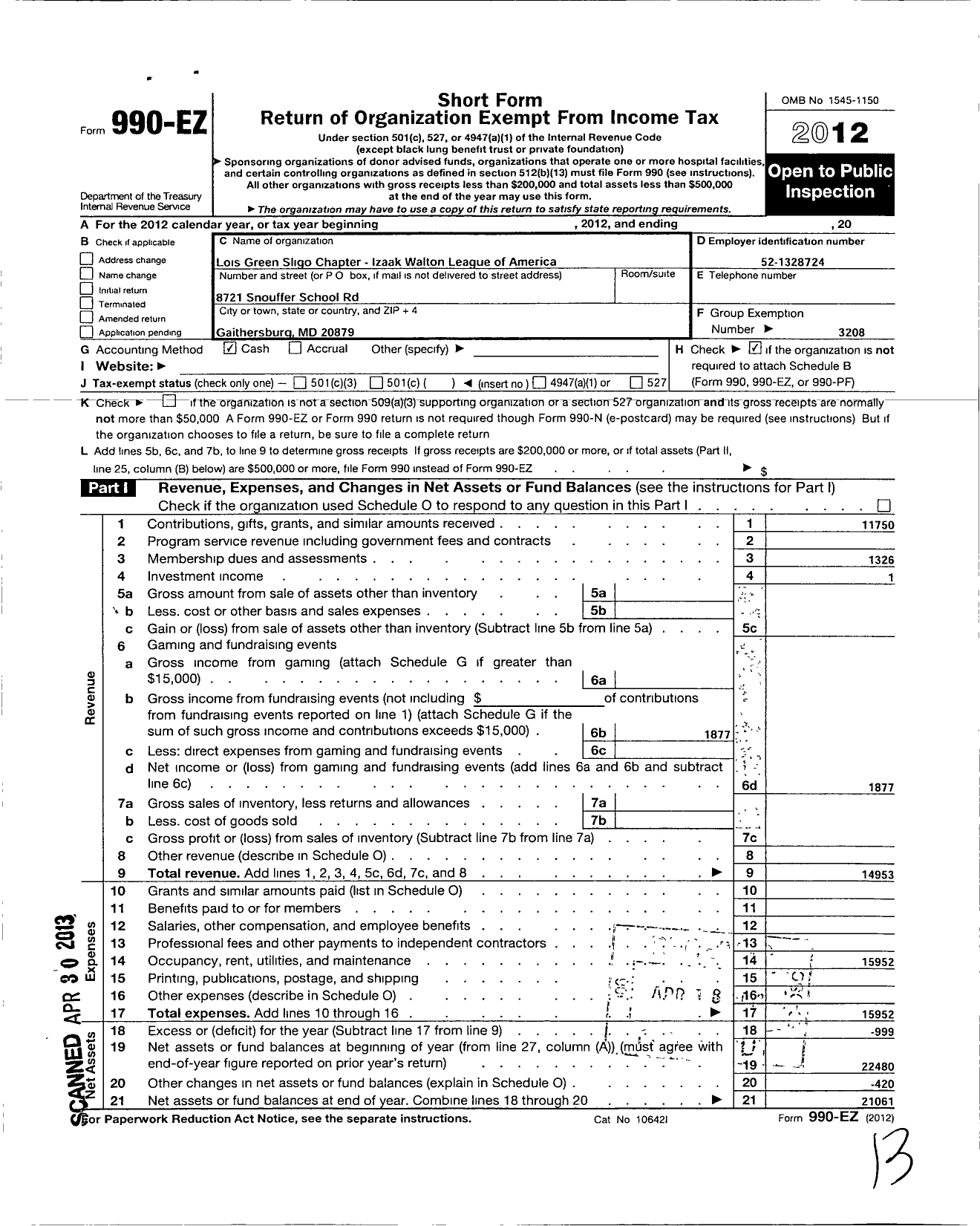 Image of first page of 2012 Form 990EO for Izaak Walton League of America - Lois Green Sligo Chapter