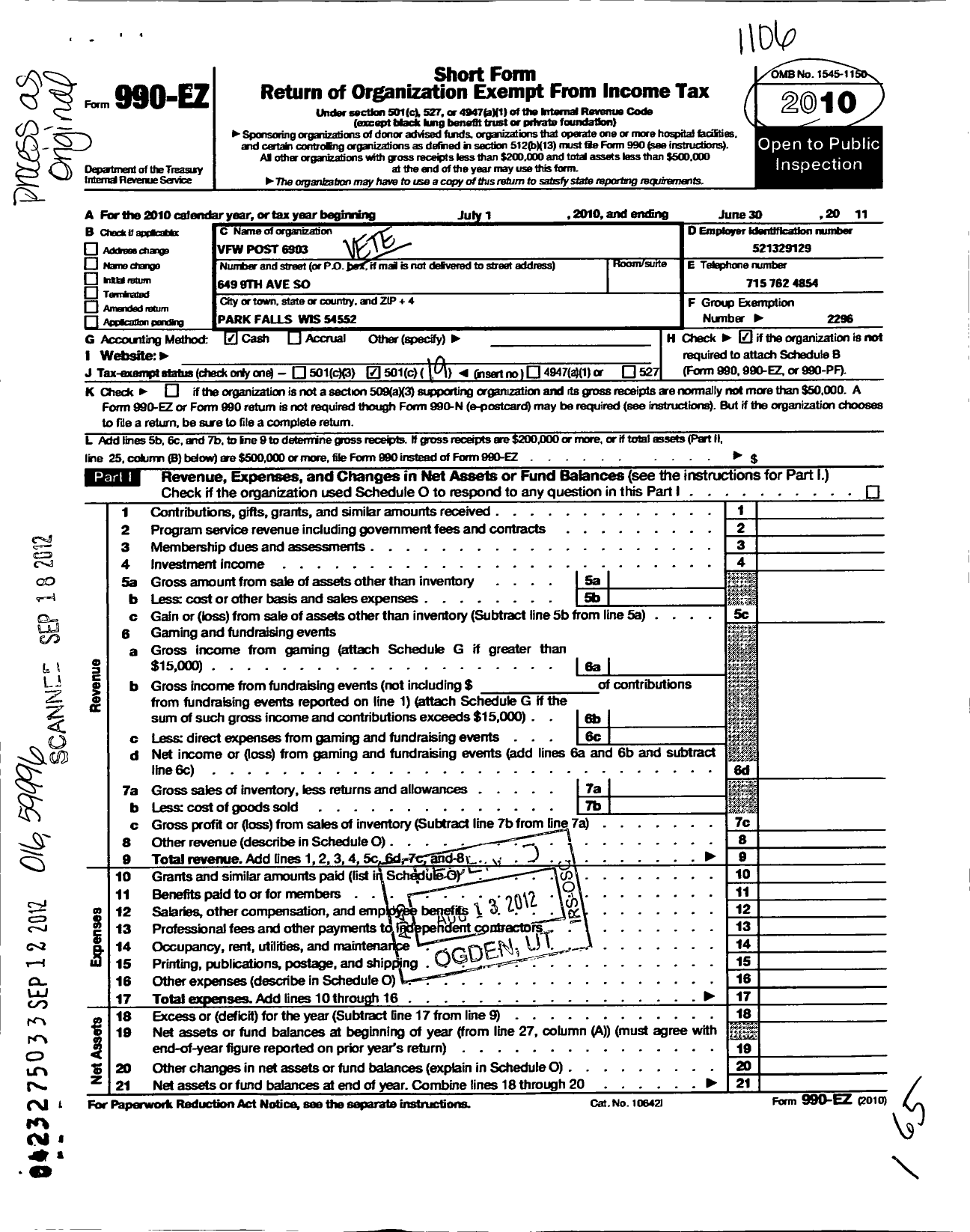 Image of first page of 2010 Form 990EO for VFW Wi - 6903 Heisler-Mockler Post