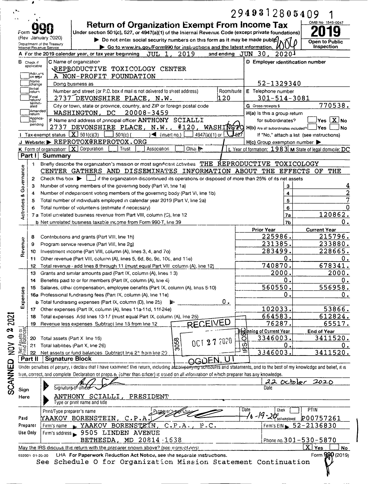 Image of first page of 2019 Form 990 for Reproductive Toxicology Center A Non-Profit Foundation