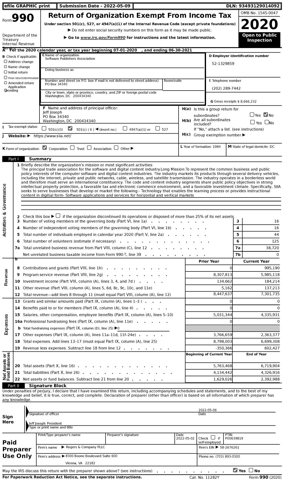 Image of first page of 2020 Form 990 for Software and Information Industry Association (SIIA)
