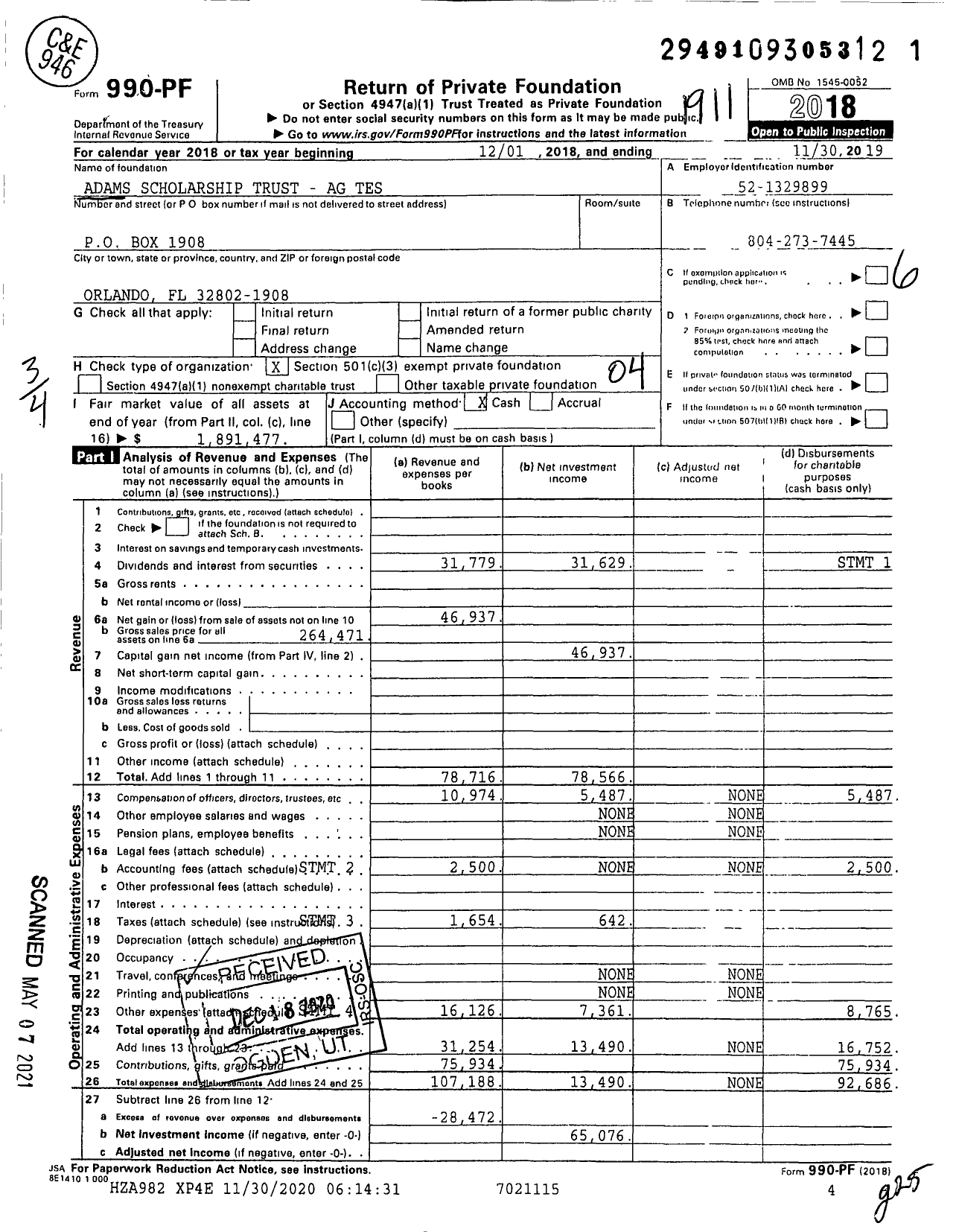 Image of first page of 2018 Form 990PF for Adams Scholarship Trust - Ag Tes