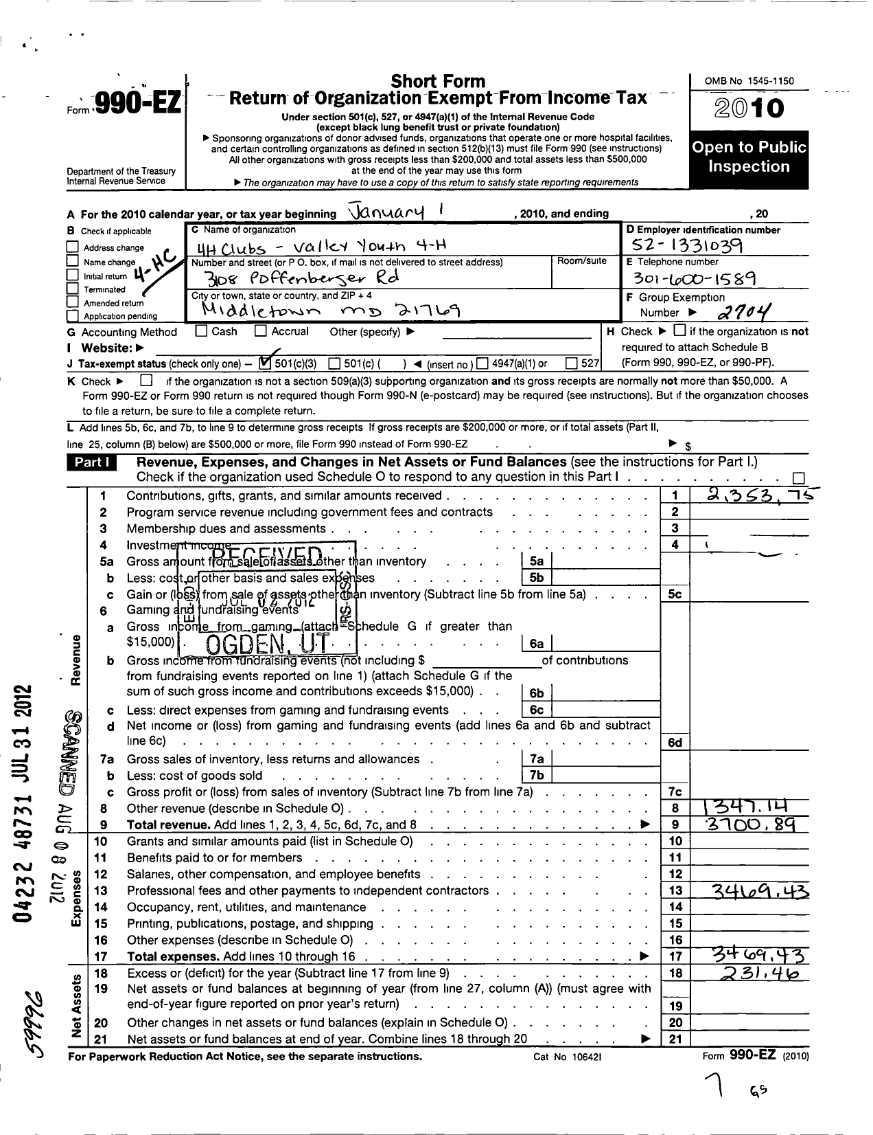 Image of first page of 2010 Form 990EZ for Maryland 4-H Club Foundation / Frederick Co Middletown Valley