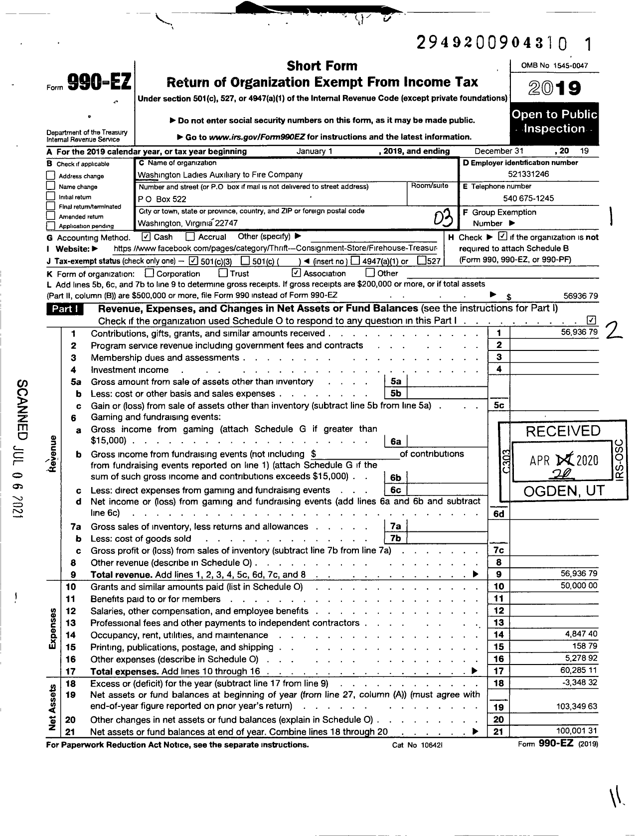 Image of first page of 2019 Form 990EZ for Washington Ladies Auxiliary To Fire Company