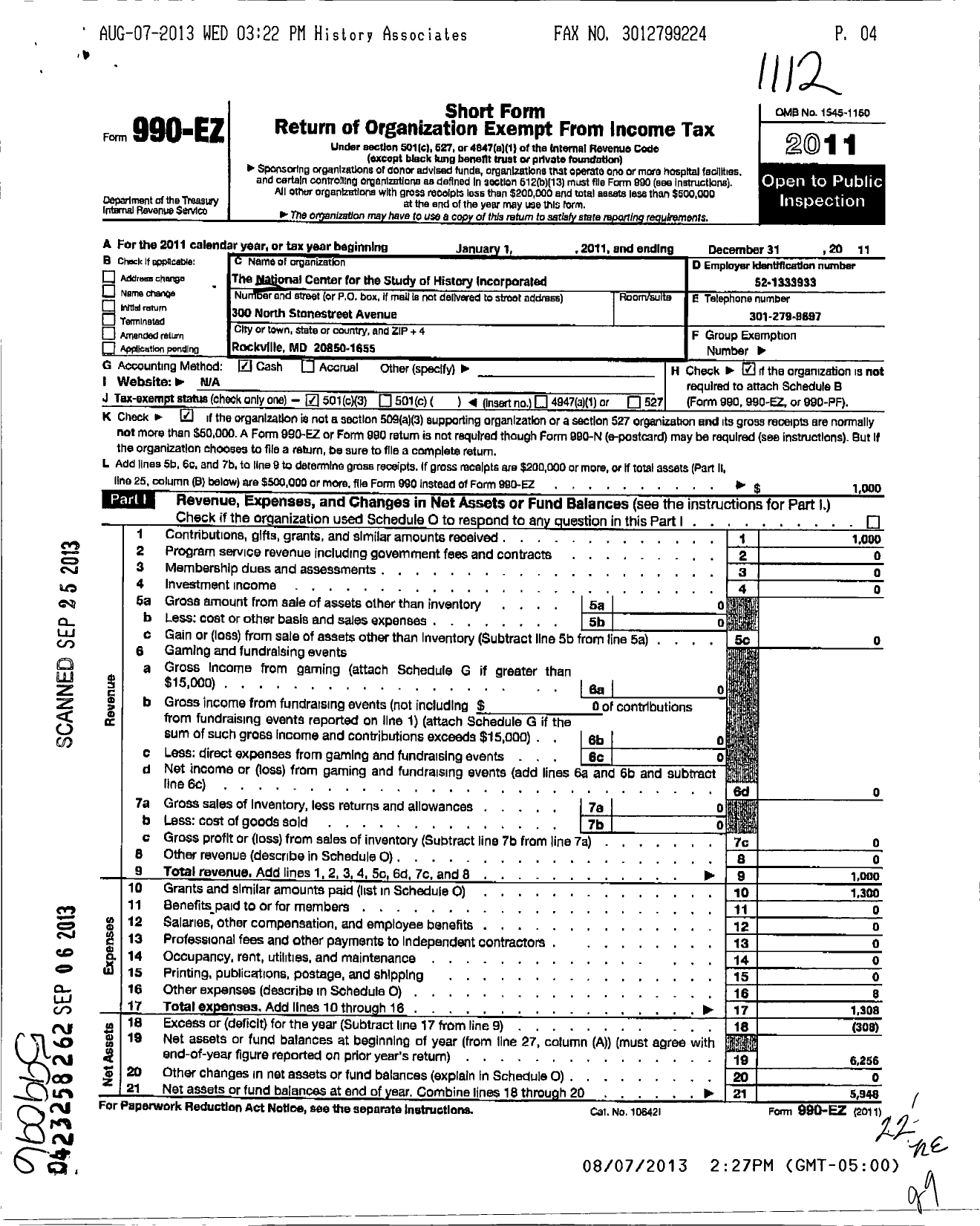 Image of first page of 2011 Form 990EZ for The National Center for the Study of History Incorporated