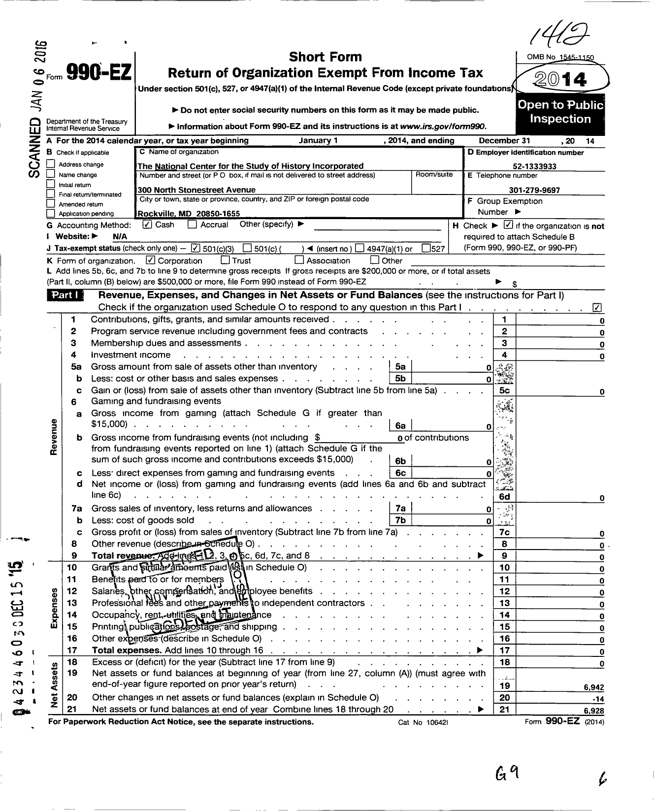 Image of first page of 2014 Form 990EZ for The National Center for the Study of History Incorporated