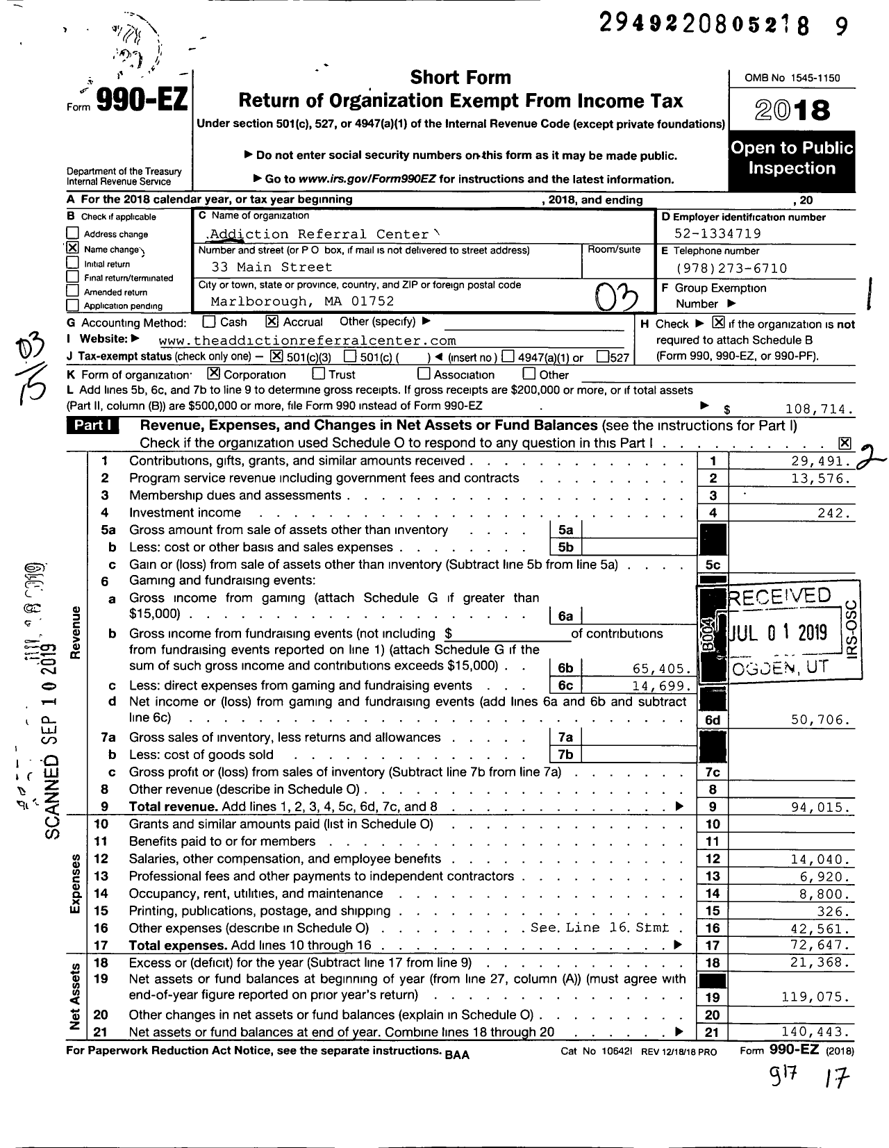 Image of first page of 2018 Form 990EZ for Addictions Referral Center