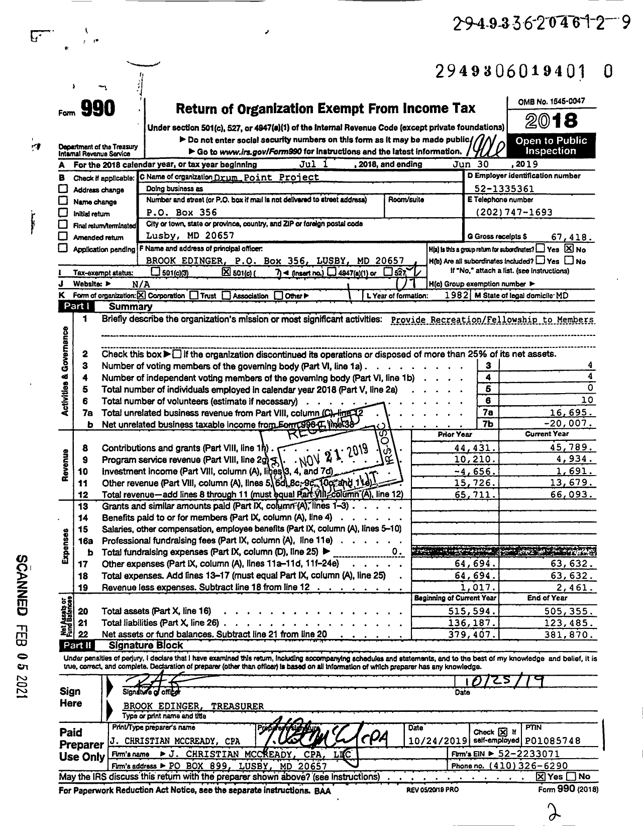 Image of first page of 2018 Form 990O for Drum Point Project