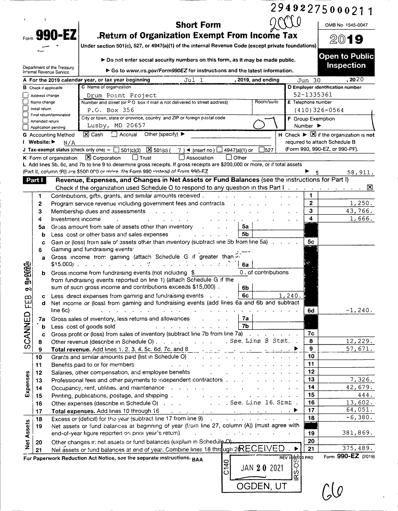 Image of first page of 2019 Form 990EO for Drum Point Project