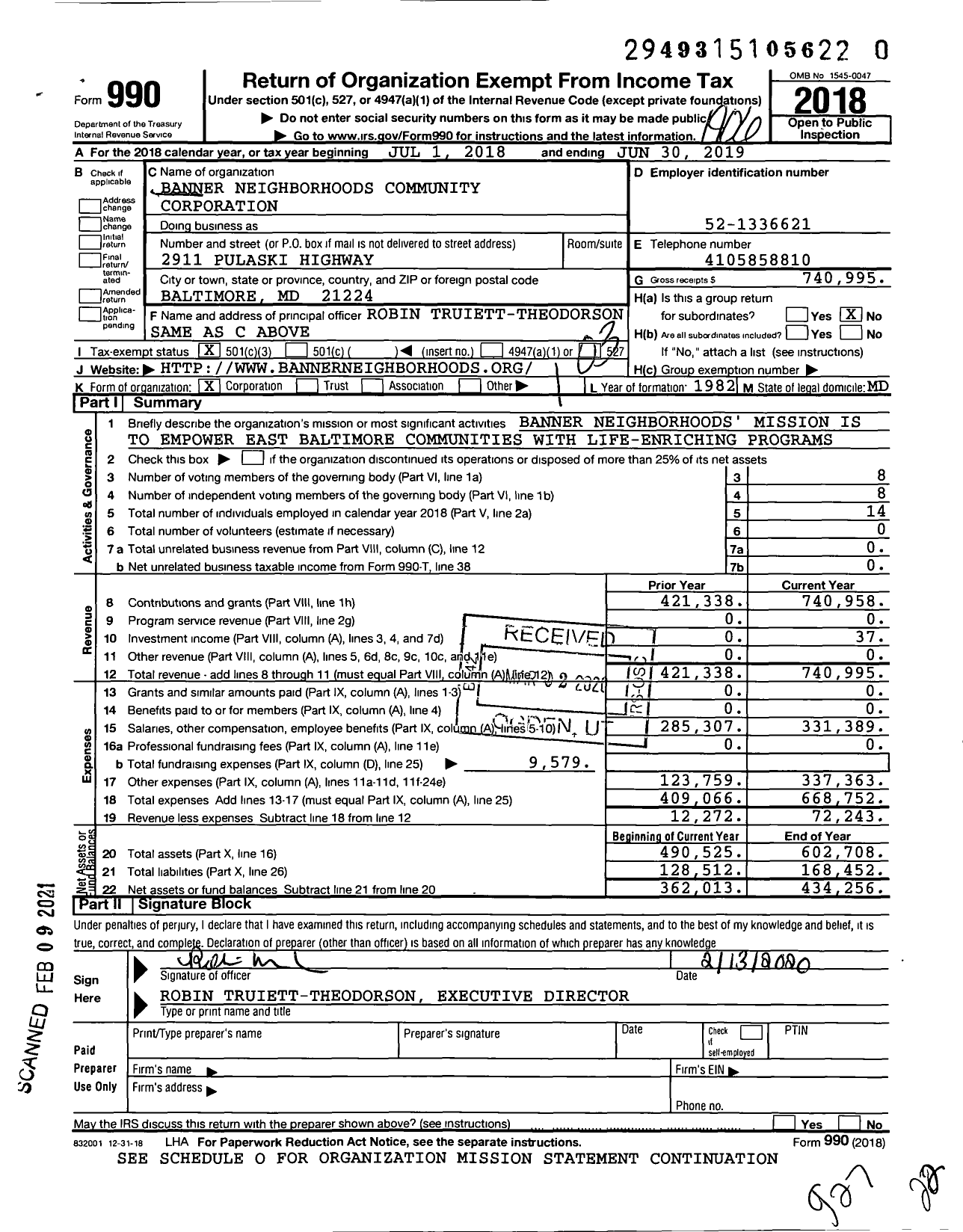 Image of first page of 2018 Form 990 for Banner Neighborhoods Community Corporation