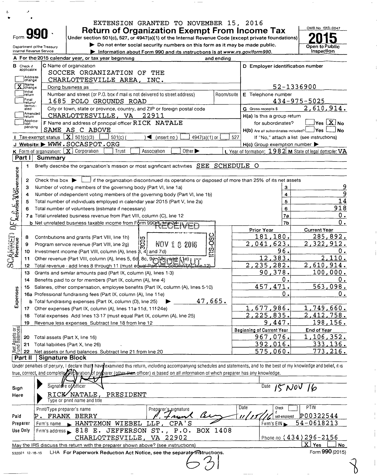 Image of first page of 2015 Form 990 for Virgina Soccer Alliance