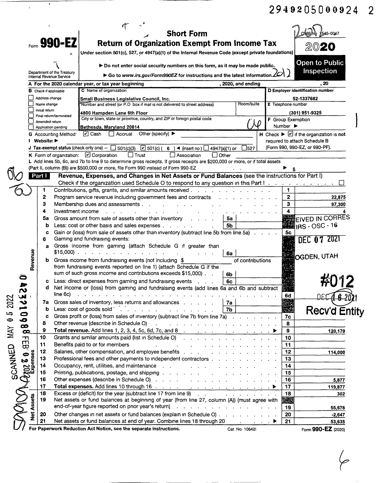 Image of first page of 2020 Form 990EO for Small Business Legislative Council