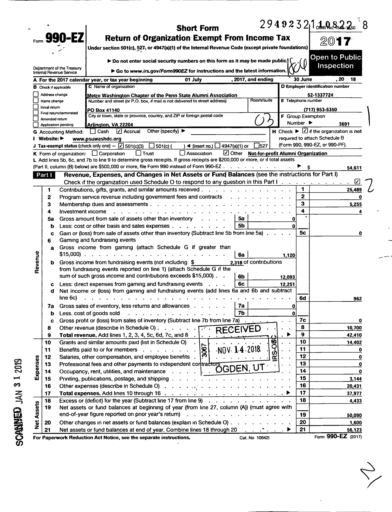 Image of first page of 2017 Form 990EZ for Penn State Alumni Association Metro Washington Chapter