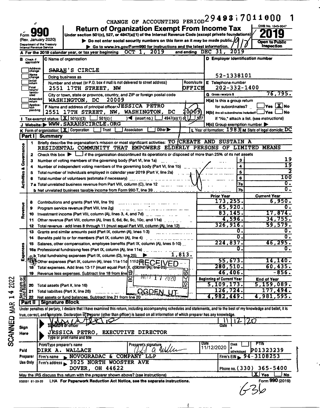 Image of first page of 2019 Form 990 for Sarah's Circle