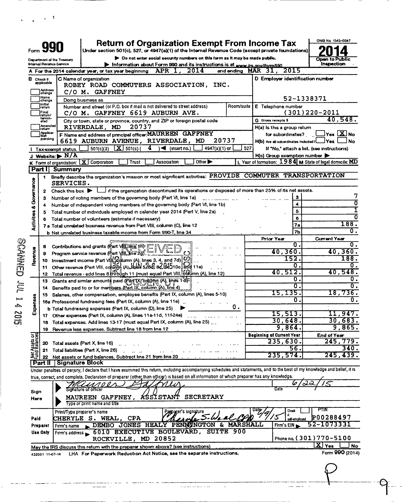 Image of first page of 2014 Form 990O for Robey Road Commuters Association