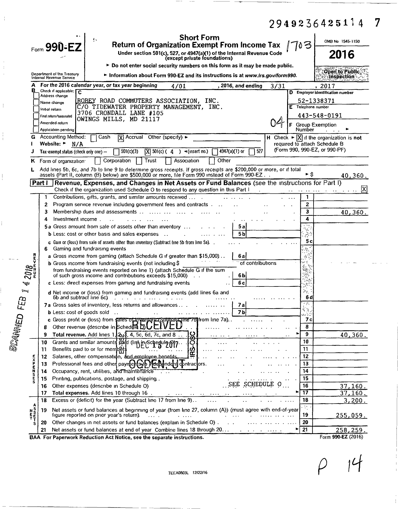 Image of first page of 2016 Form 990EO for Robey Road Commuters Association