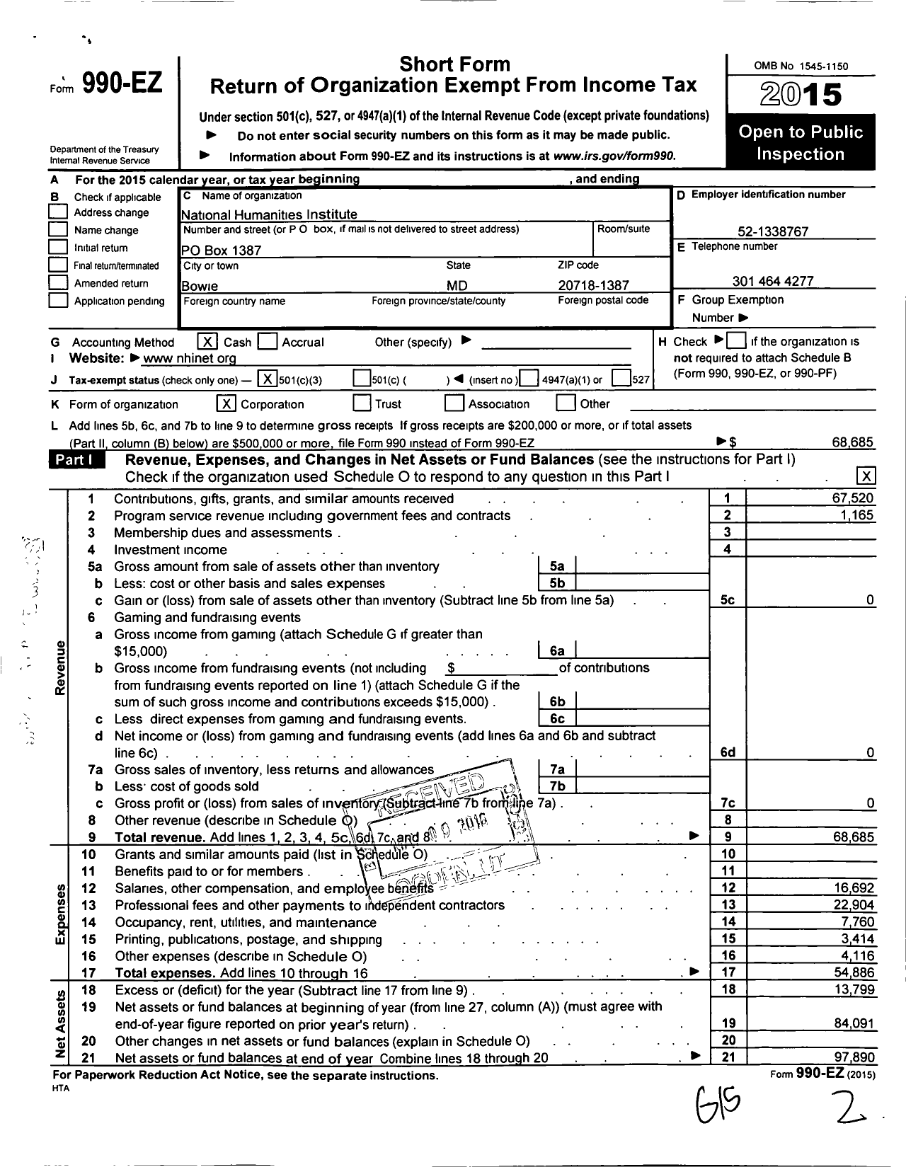 Image of first page of 2015 Form 990EZ for National Humanities Institute