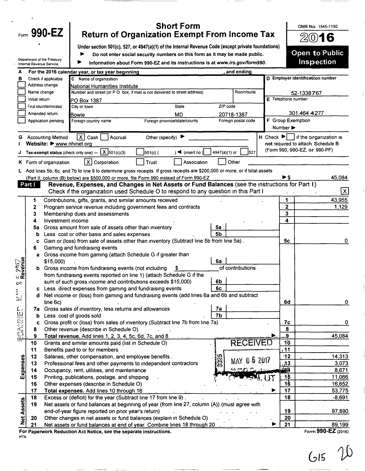 Image of first page of 2016 Form 990EZ for National Humanities Institute