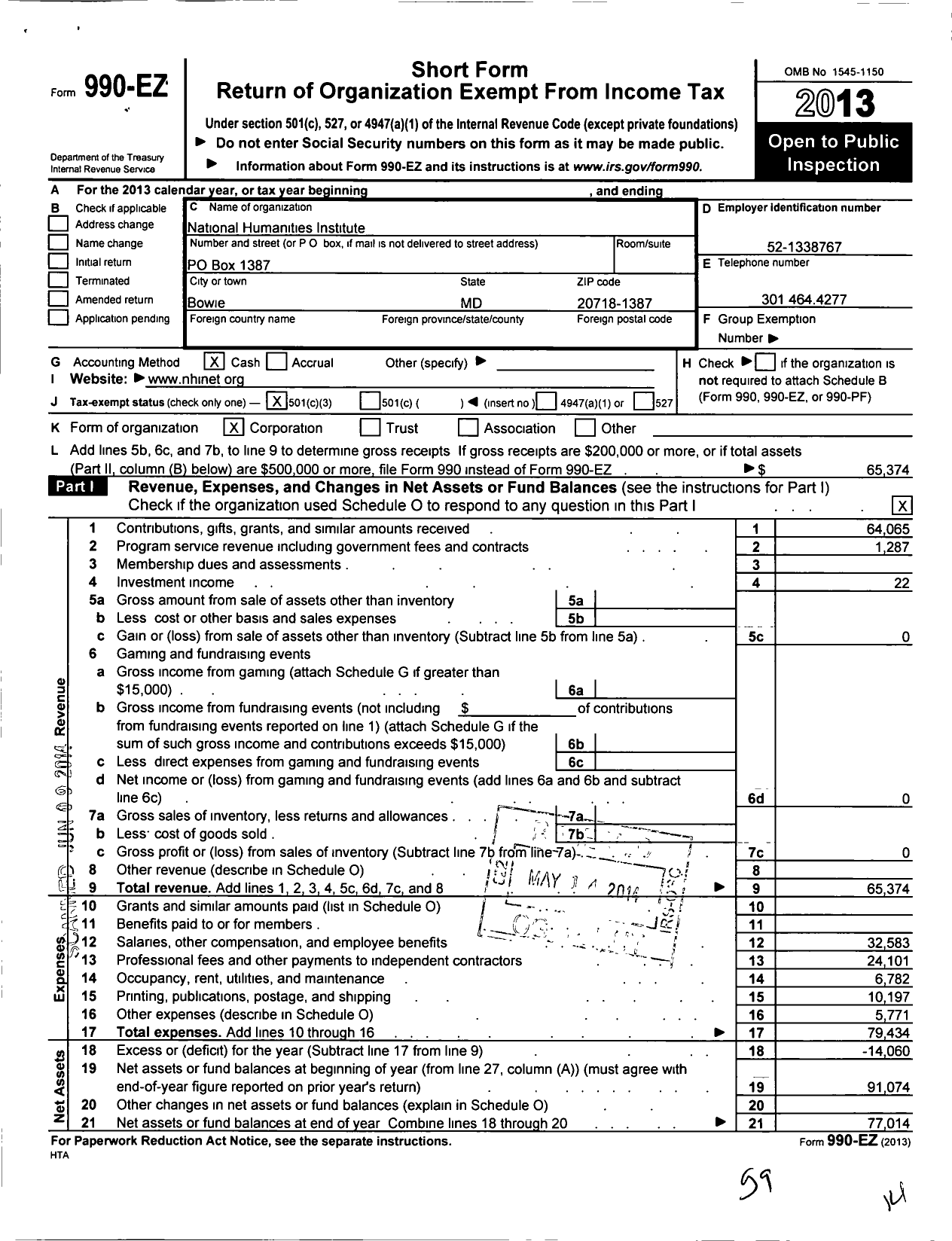 Image of first page of 2013 Form 990EZ for National Humanities Institute