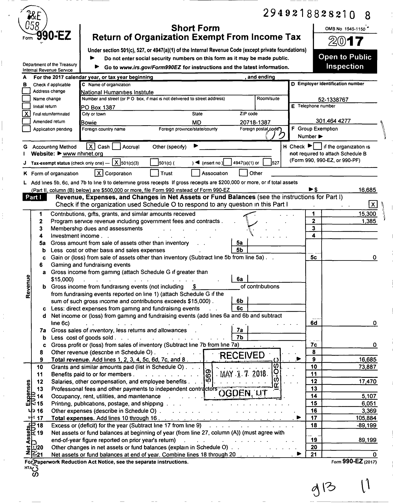 Image of first page of 2017 Form 990EZ for National Humanities Institute