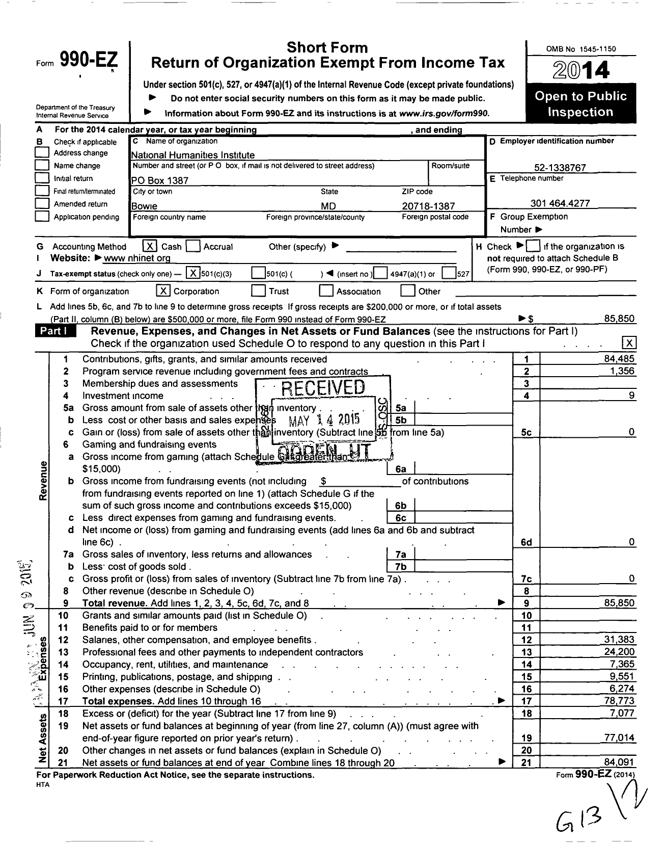 Image of first page of 2014 Form 990EZ for National Humanities Institute