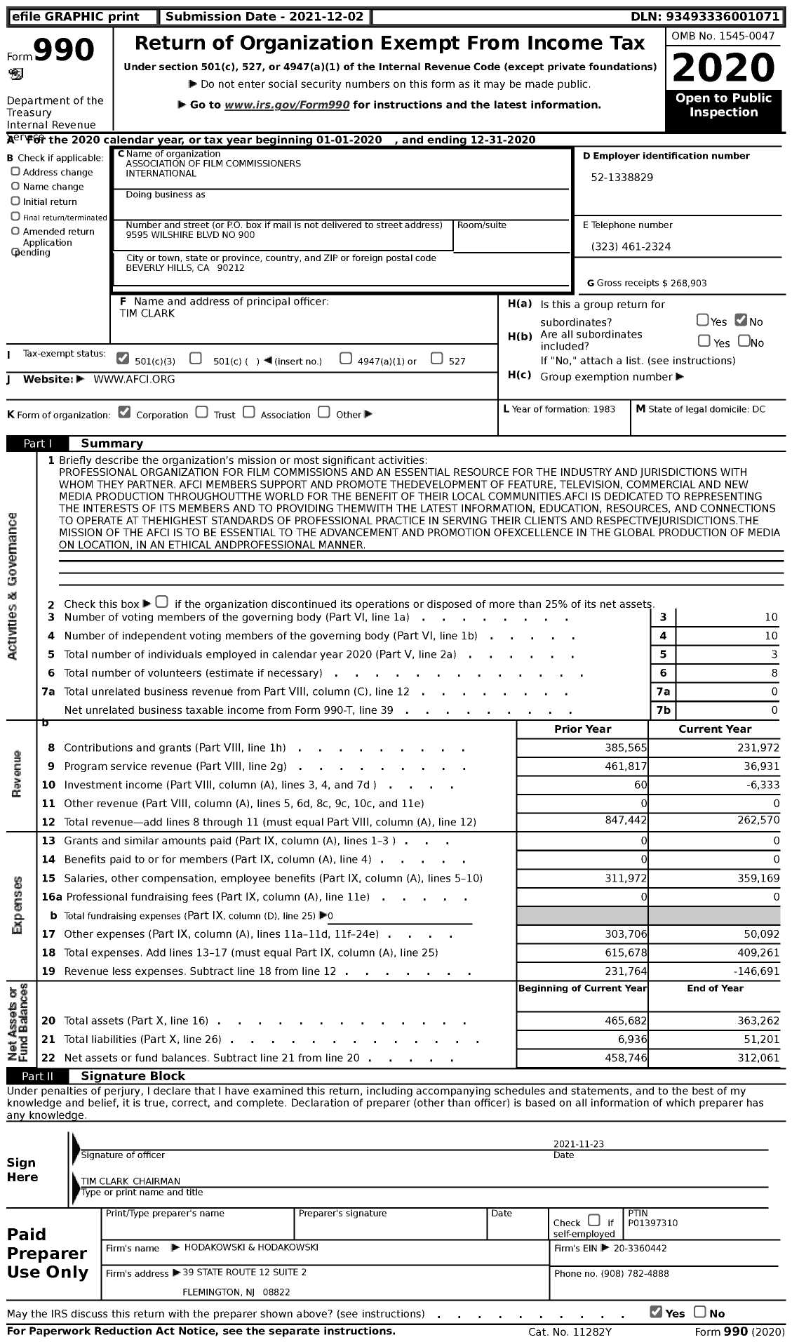 Image of first page of 2020 Form 990 for Association of Film Commissioners International (AFCI)