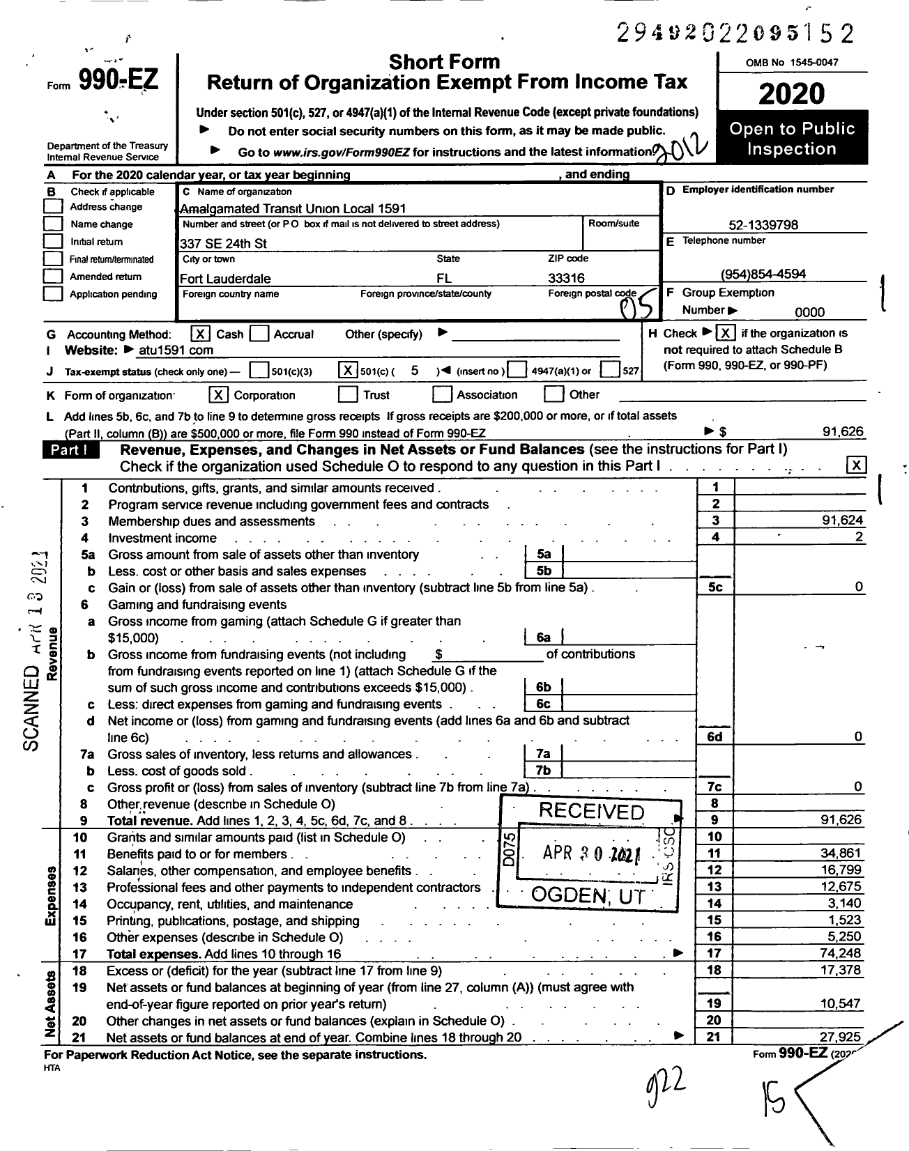 Image of first page of 2020 Form 990EO for AMALGAMATED TRANSIT UNION - 1591 Local