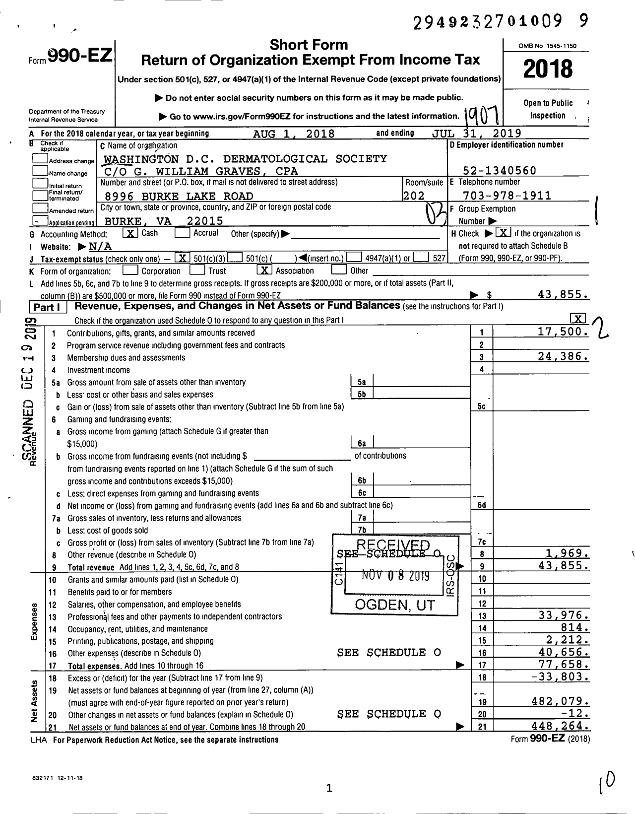 Image of first page of 2018 Form 990EZ for Washington DC Dermatological Society