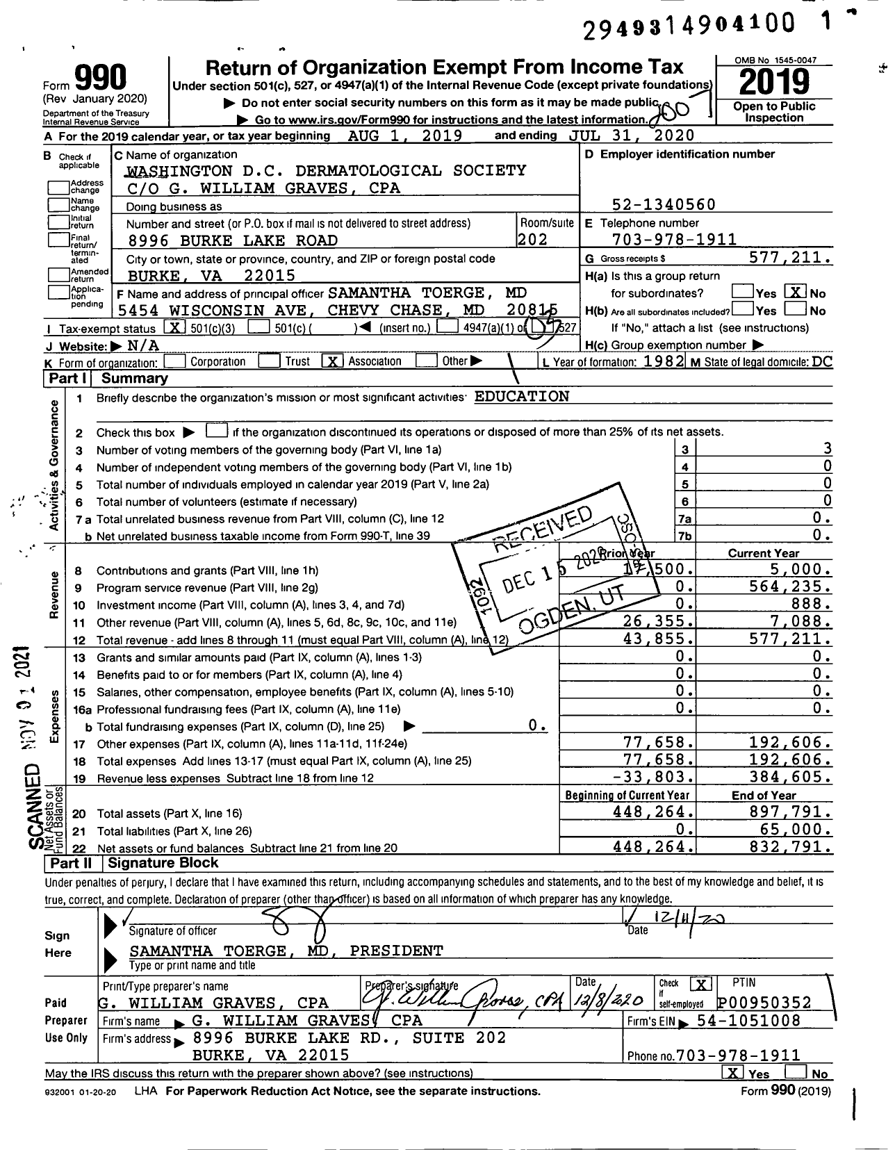 Image of first page of 2019 Form 990 for Washington DC Dermatological Society