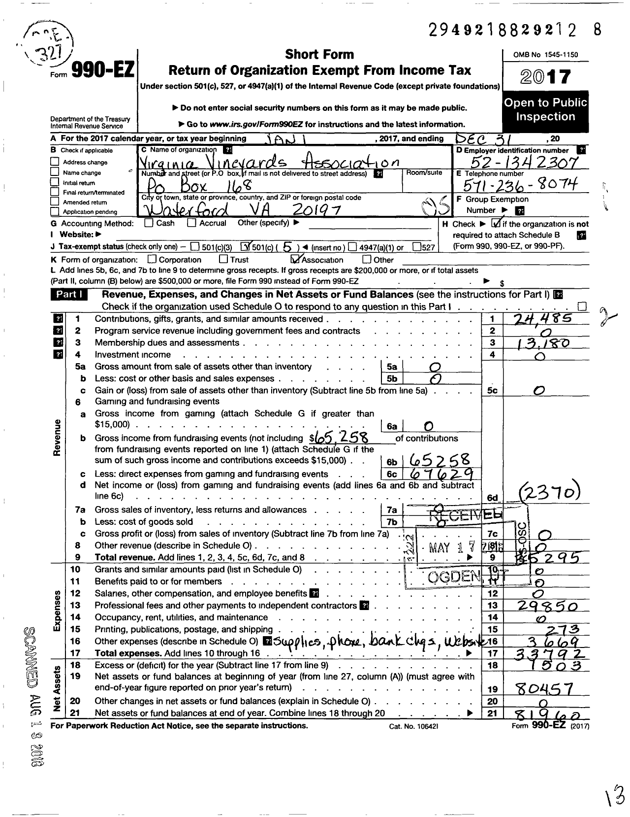 Image of first page of 2017 Form 990EO for Virginia Vineyards Association