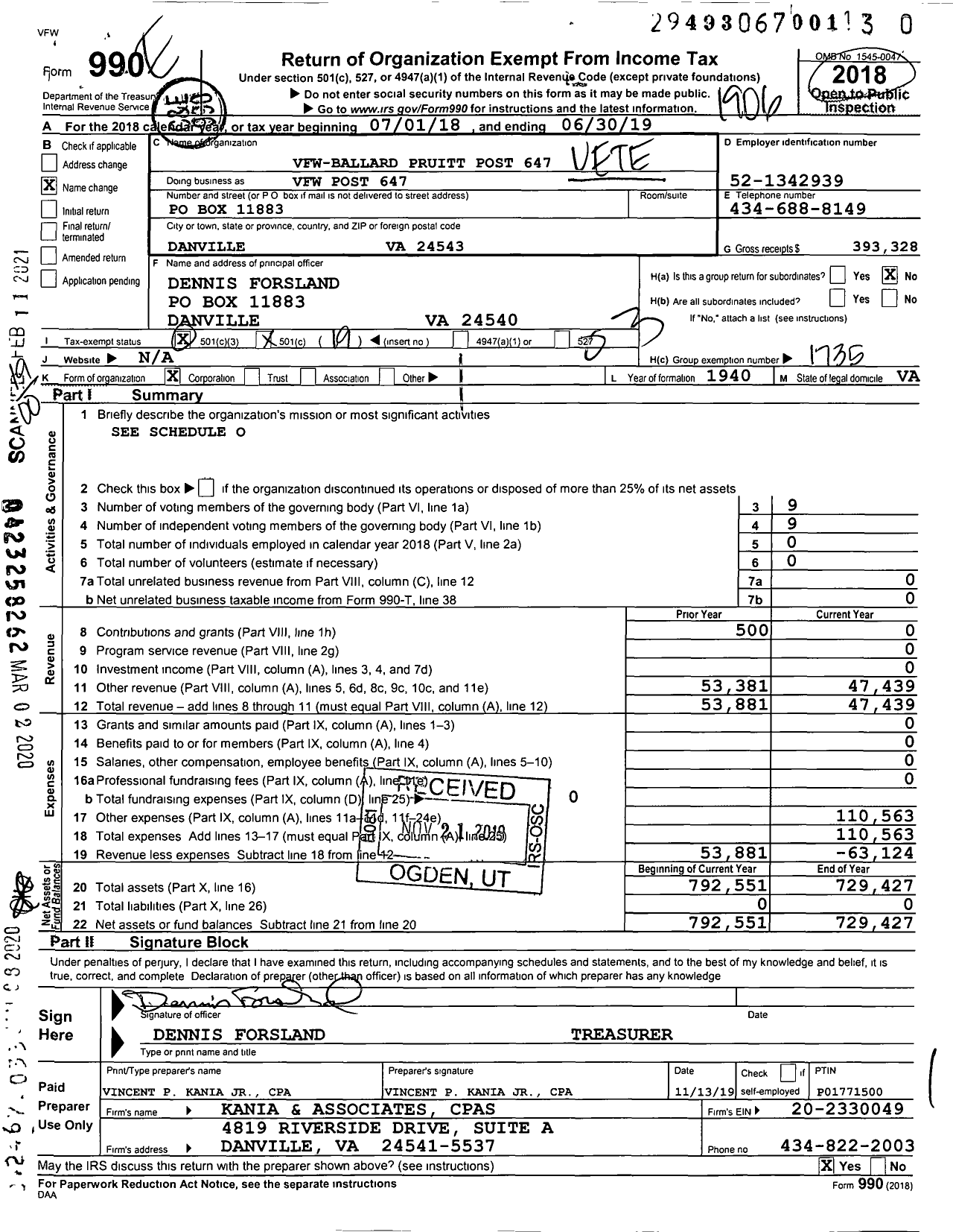 Image of first page of 2018 Form 990O for VFW Virginia - 647 Vfw-Ballard Pruitt Post