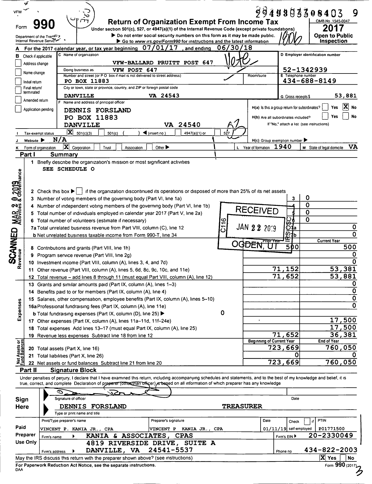 Image of first page of 2017 Form 990 for VFW Virginia - 647 Vfw-Ballard Pruitt Post