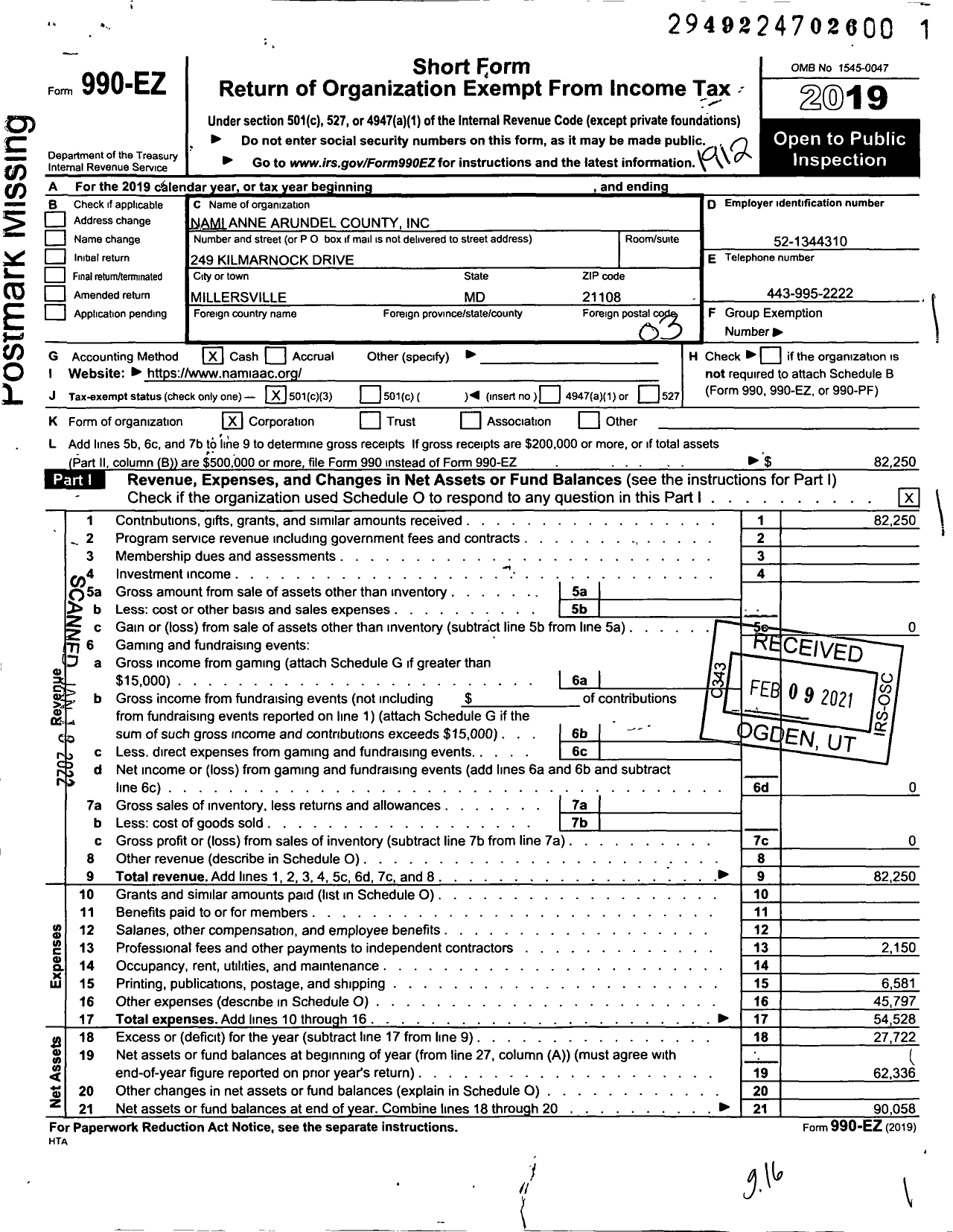 Image of first page of 2019 Form 990EZ for Nami Anne Arundel County