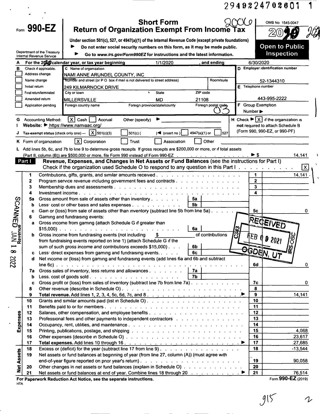 Image of first page of 2019 Form 990EZ for Nami Anne Arundel County