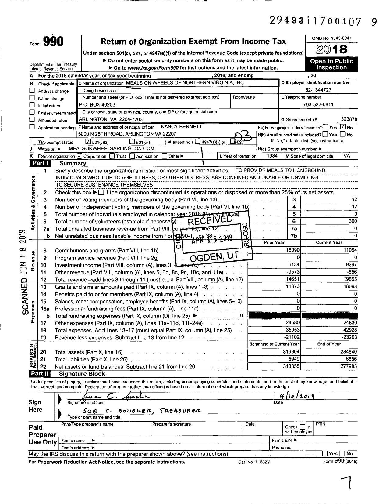 Image of first page of 2018 Form 990 for Meals on Wheels of Northern Virginia