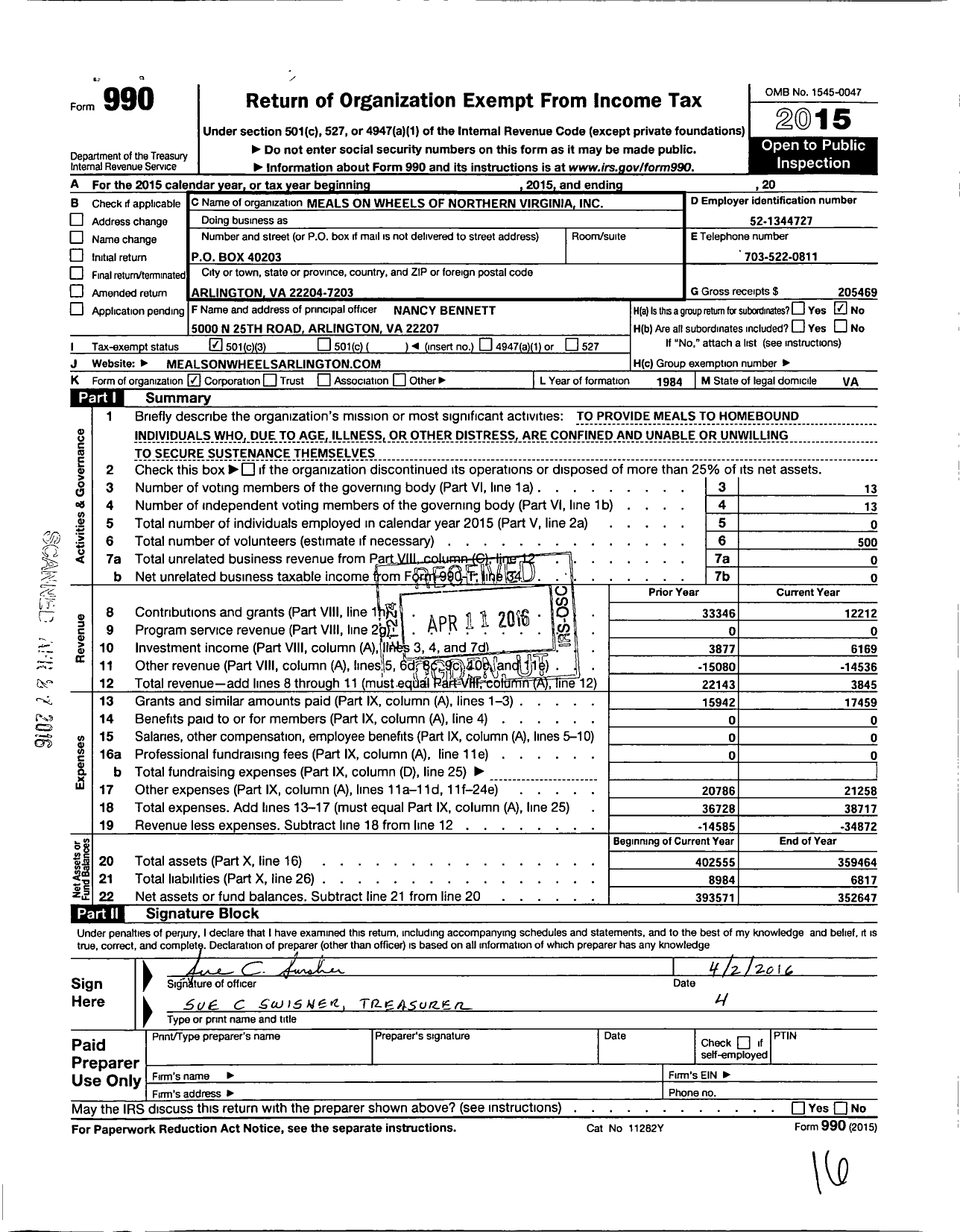 Image of first page of 2015 Form 990 for Meals on Wheels of Northern Virginia