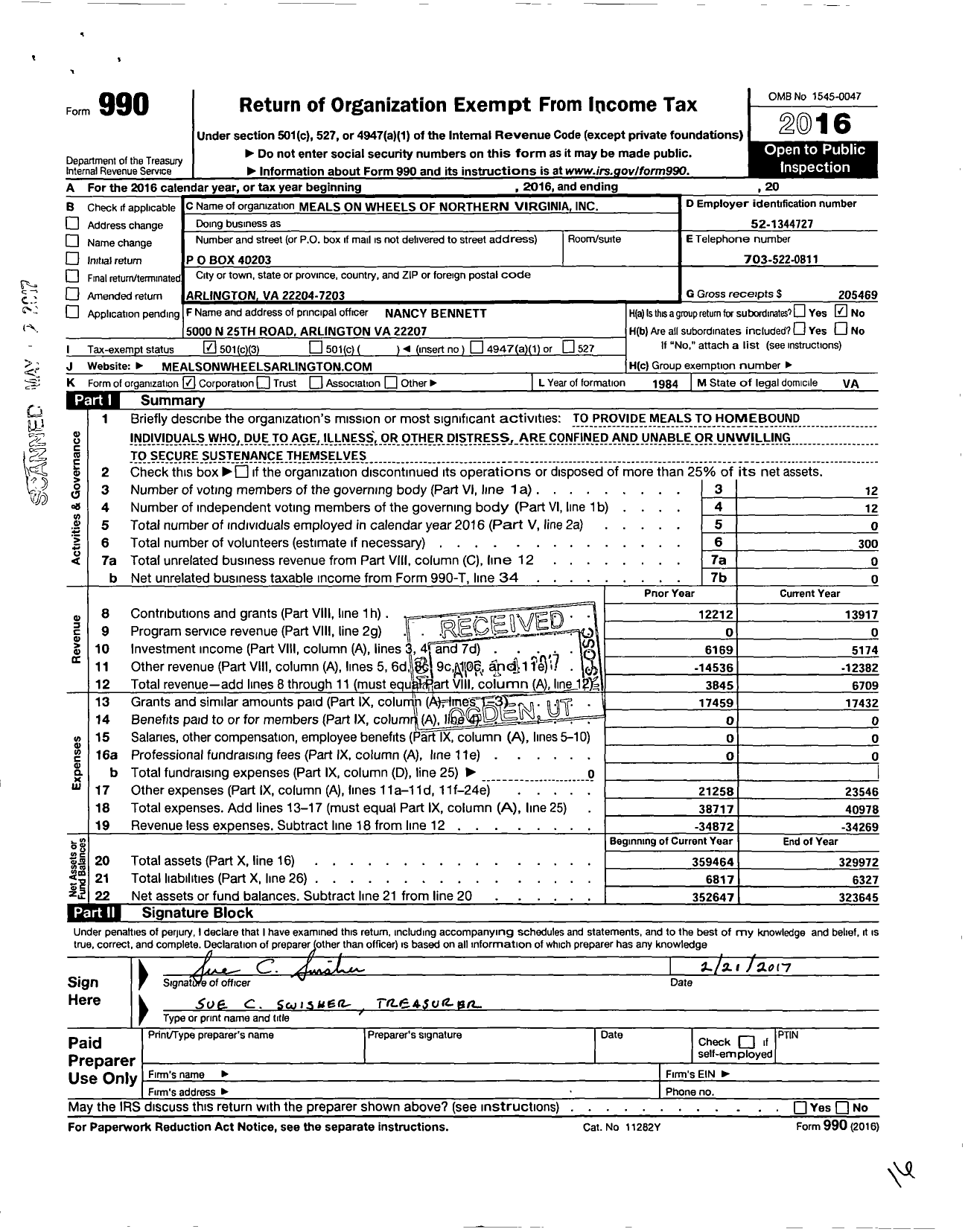 Image of first page of 2016 Form 990 for Meals on Wheels of Northern Virginia