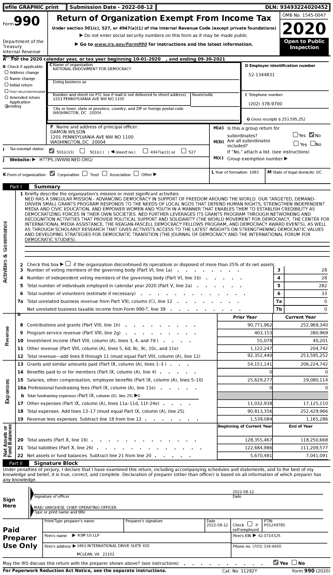 Image of first page of 2020 Form 990 for National Endowment for Democracy