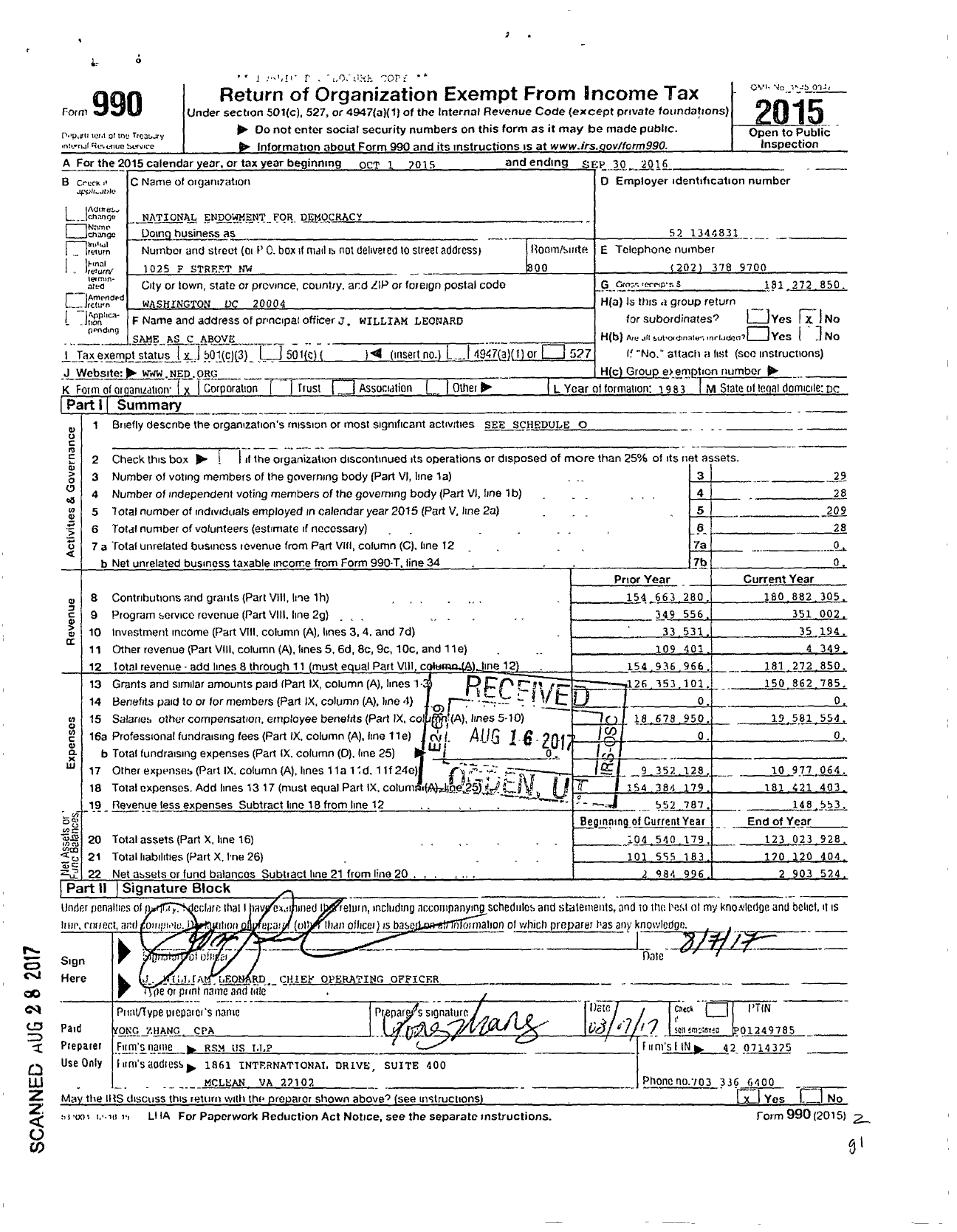 Image of first page of 2015 Form 990 for National Endowment for Democracy