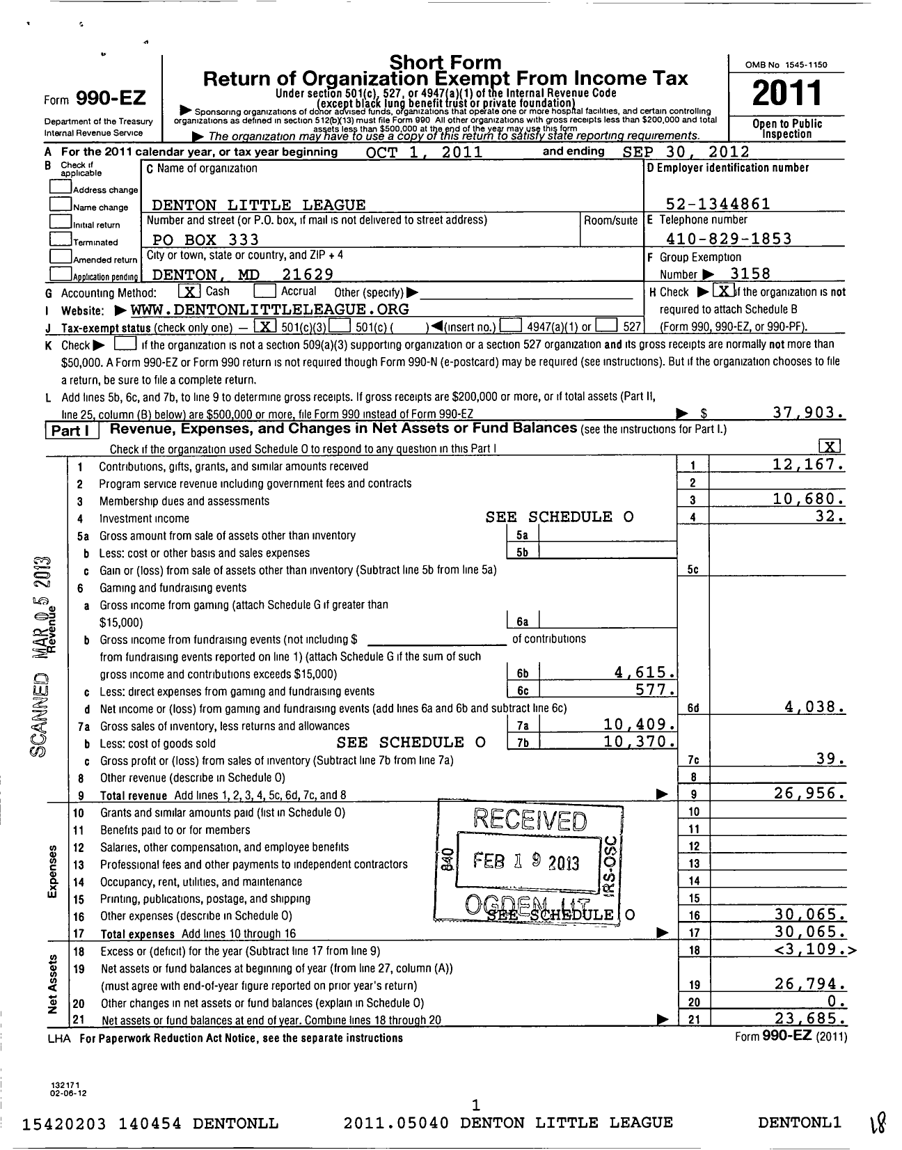 Image of first page of 2011 Form 990EZ for Little League Baseball - 2200611 Denton LL