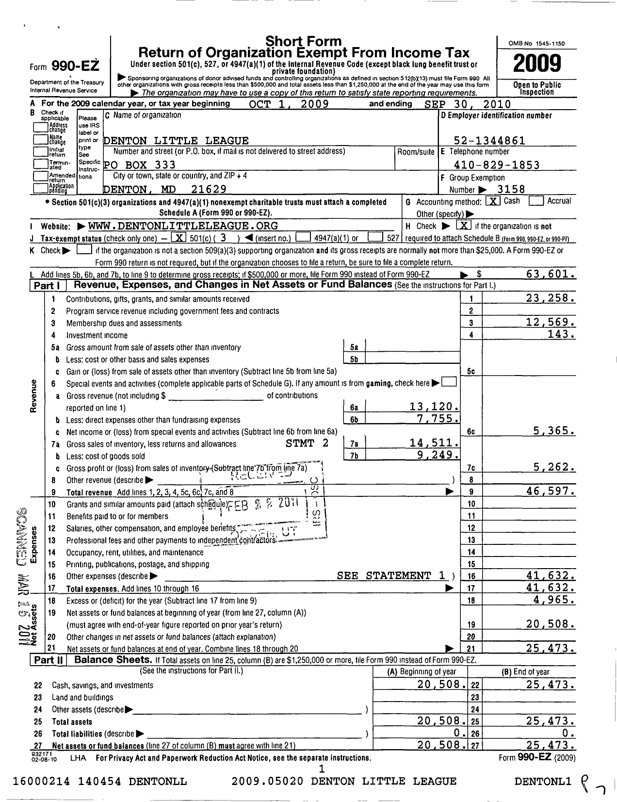 Image of first page of 2009 Form 990EZ for Little League Baseball - 2200611 Denton LL