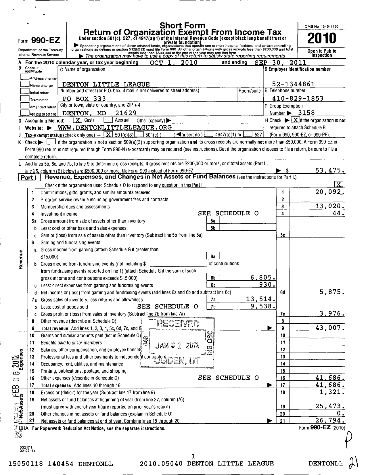 Image of first page of 2010 Form 990EZ for Little League Baseball - 2200611 Denton LL