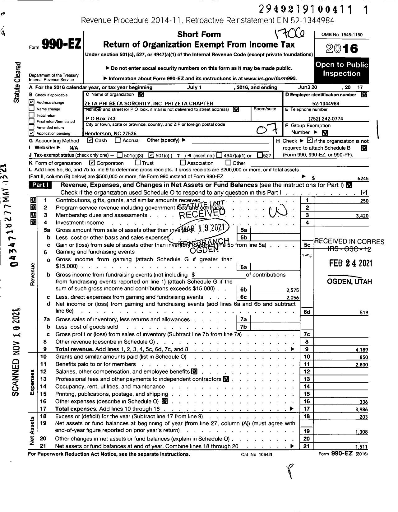 Image of first page of 2016 Form 990EO for Zeta Phi Beta Sorority Incorporated Phi Zeta Chapter