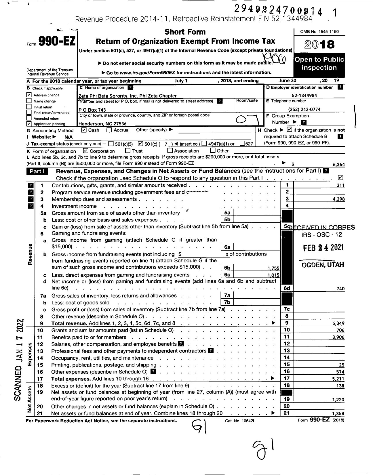 Image of first page of 2018 Form 990EO for Zeta Phi Beta Sorority Incorporated Phi Zeta Chapter