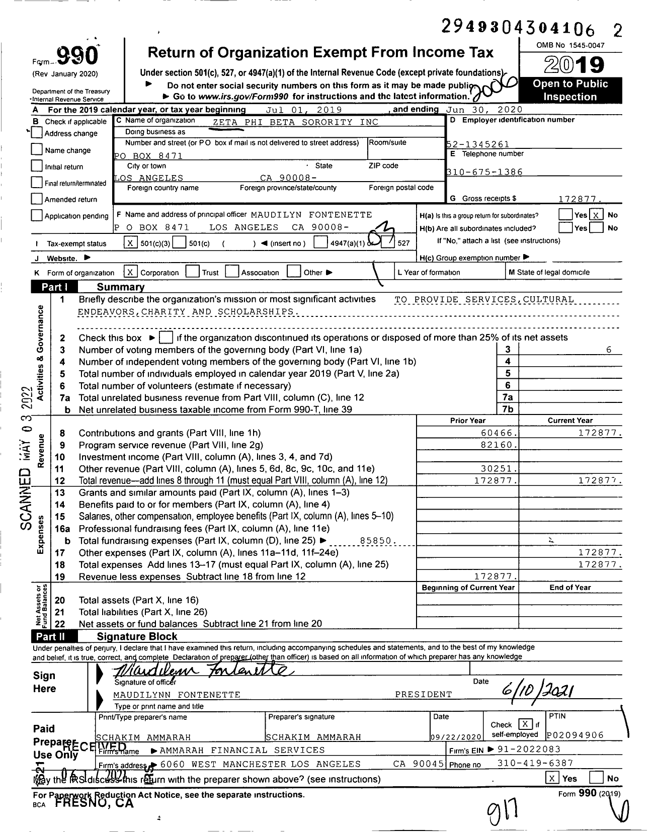 Image of first page of 2019 Form 990 for Zeta Phi Beta Sorority / Alpha Psi Zeta Chapter