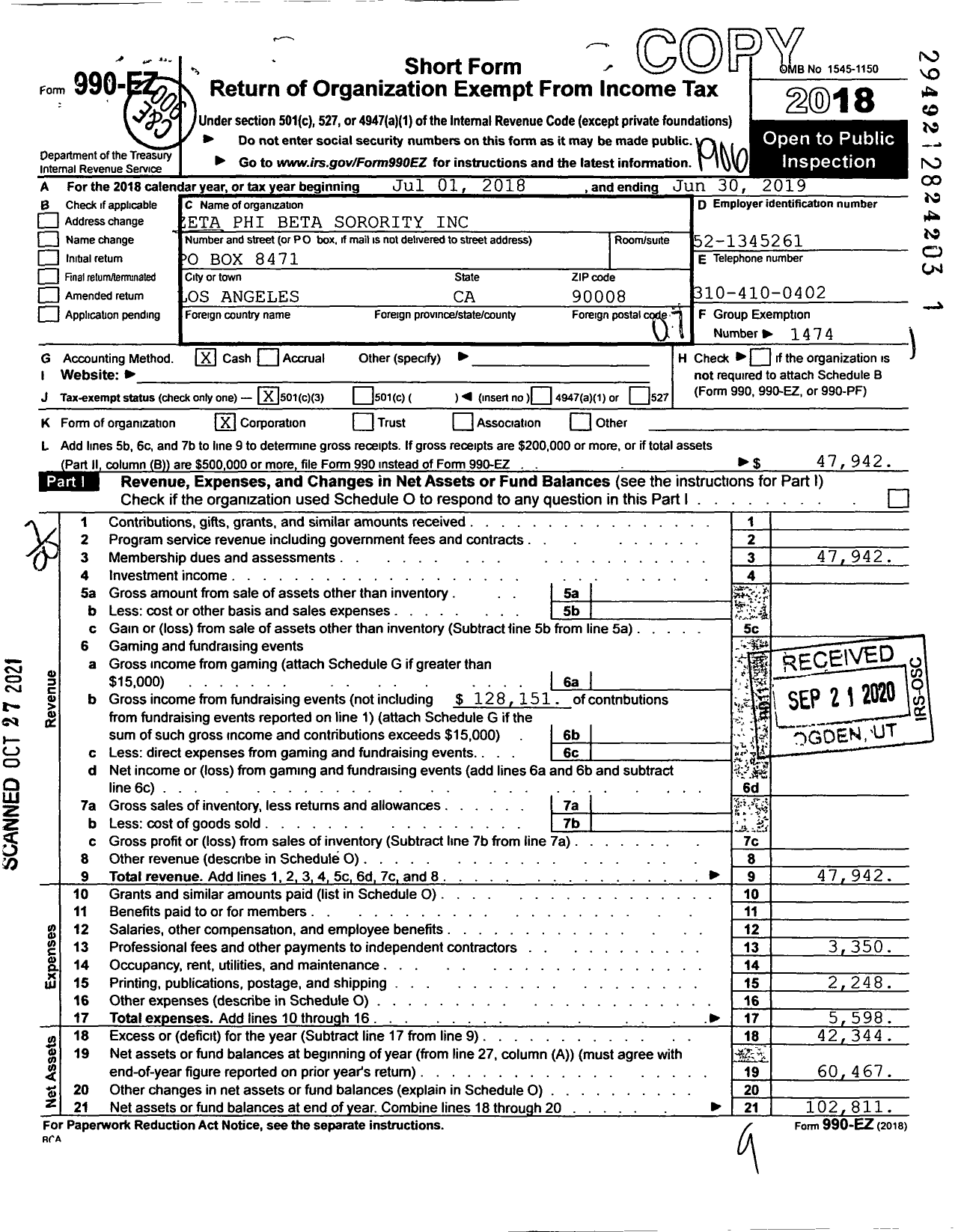 Image of first page of 2018 Form 990EO for Zeta Phi Beta Sorority / Alpha Psi Zeta Chapter