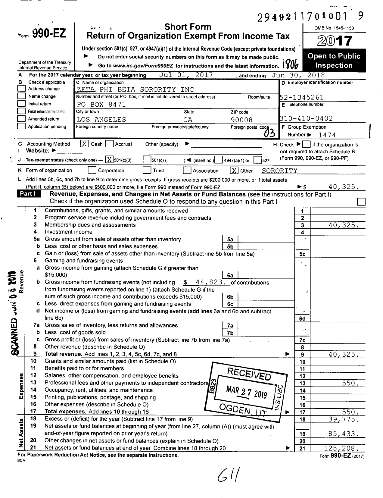 Image of first page of 2017 Form 990EZ for Zeta Phi Beta Sorority / Alpha Psi Zeta Chapter