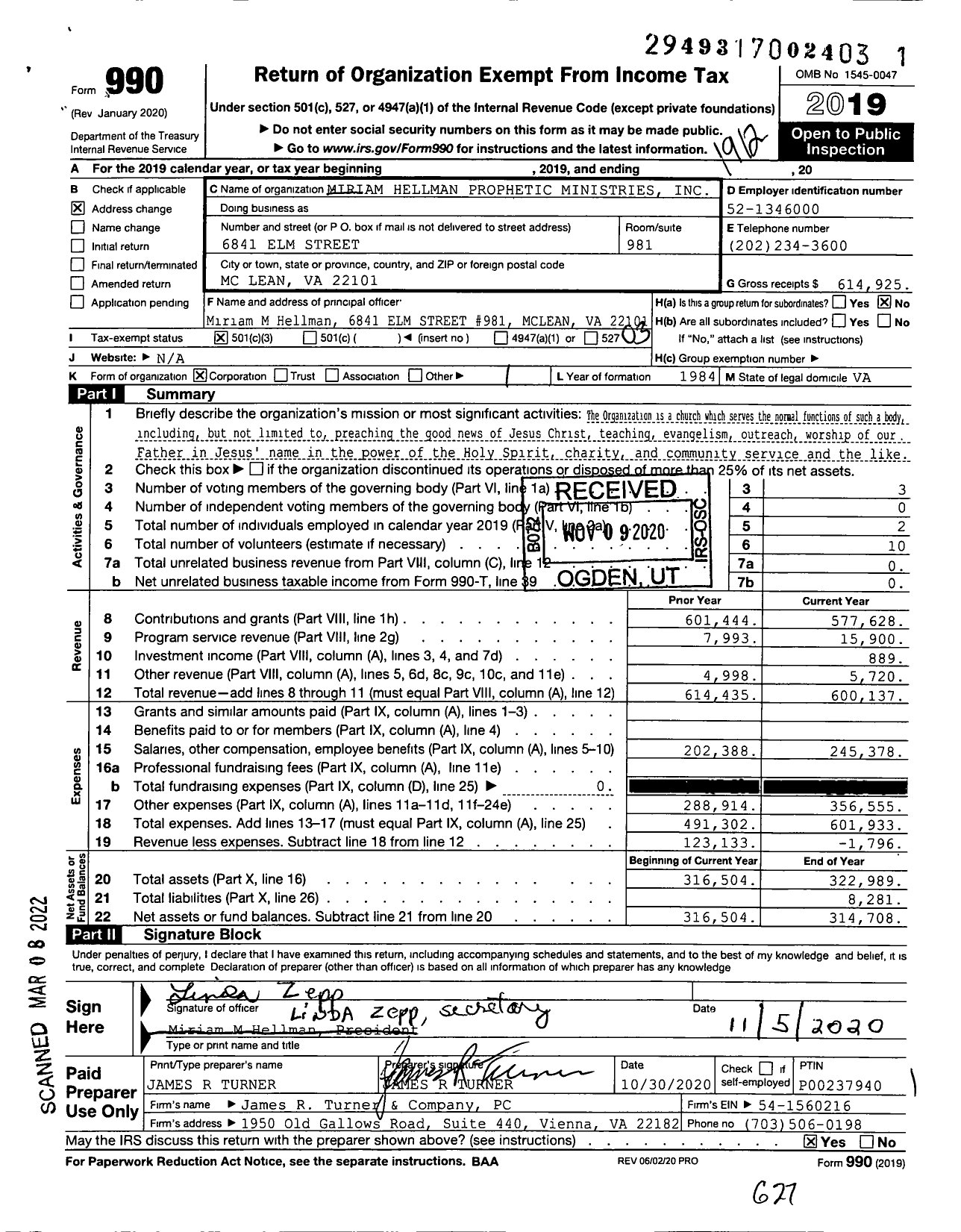 Image of first page of 2019 Form 990 for Miriam Hellman Prophetic Ministries