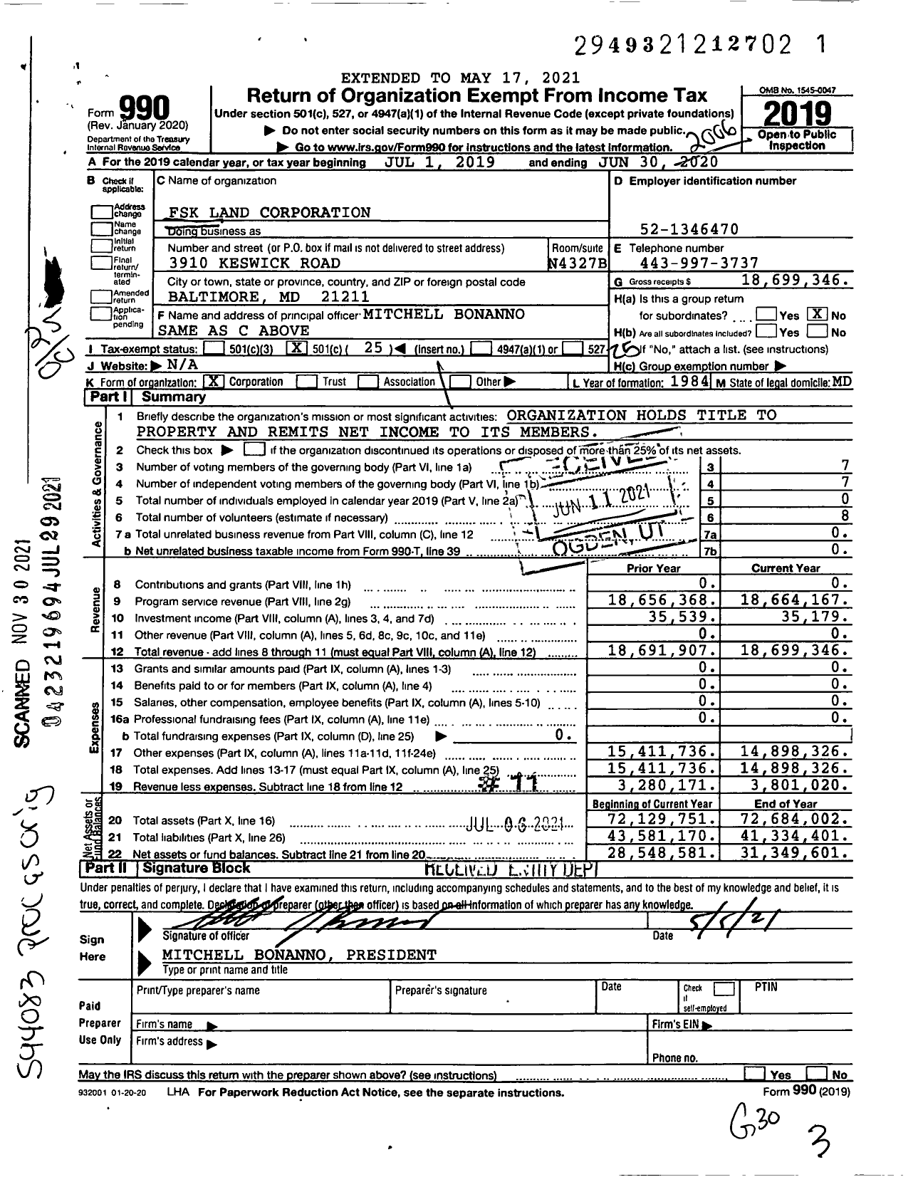 Image of first page of 2019 Form 990O for FSK Land Corporation