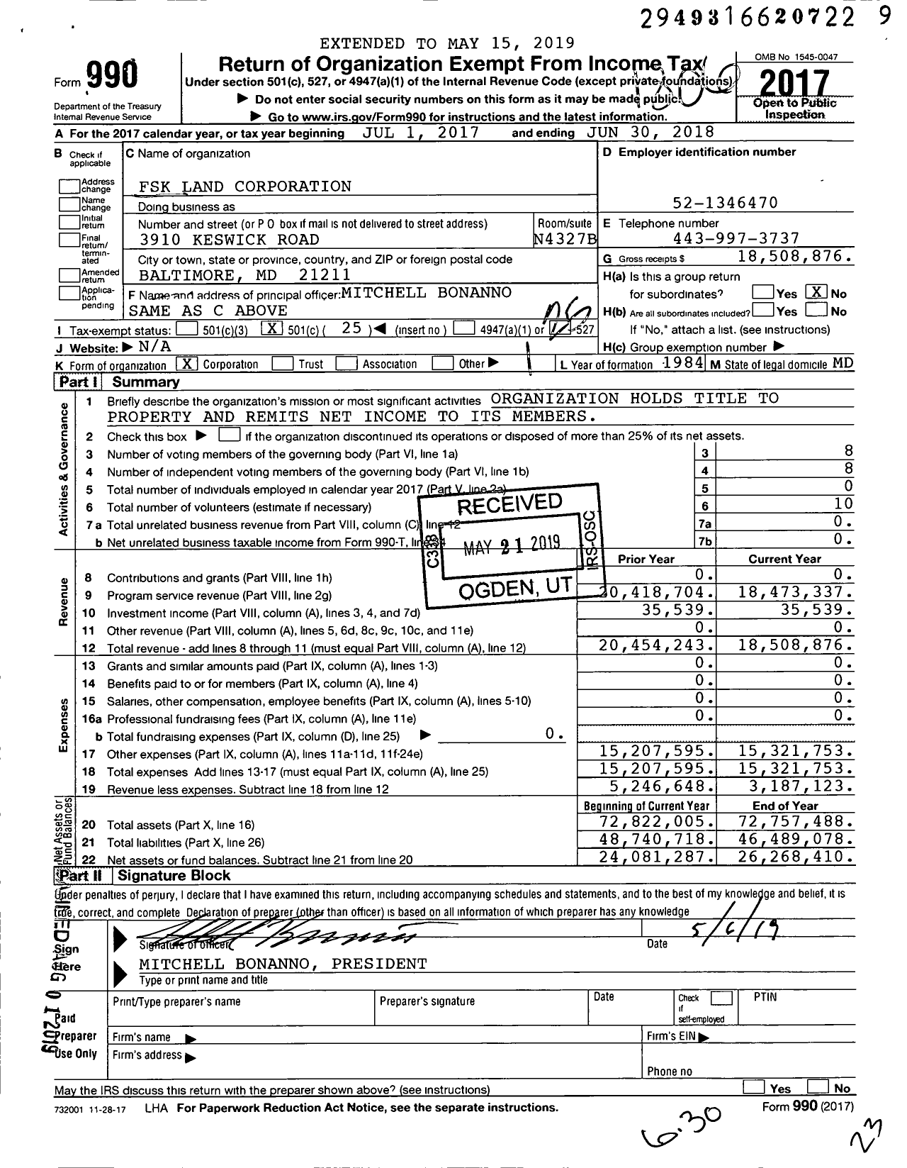 Image of first page of 2017 Form 990O for FSK Land Corporation
