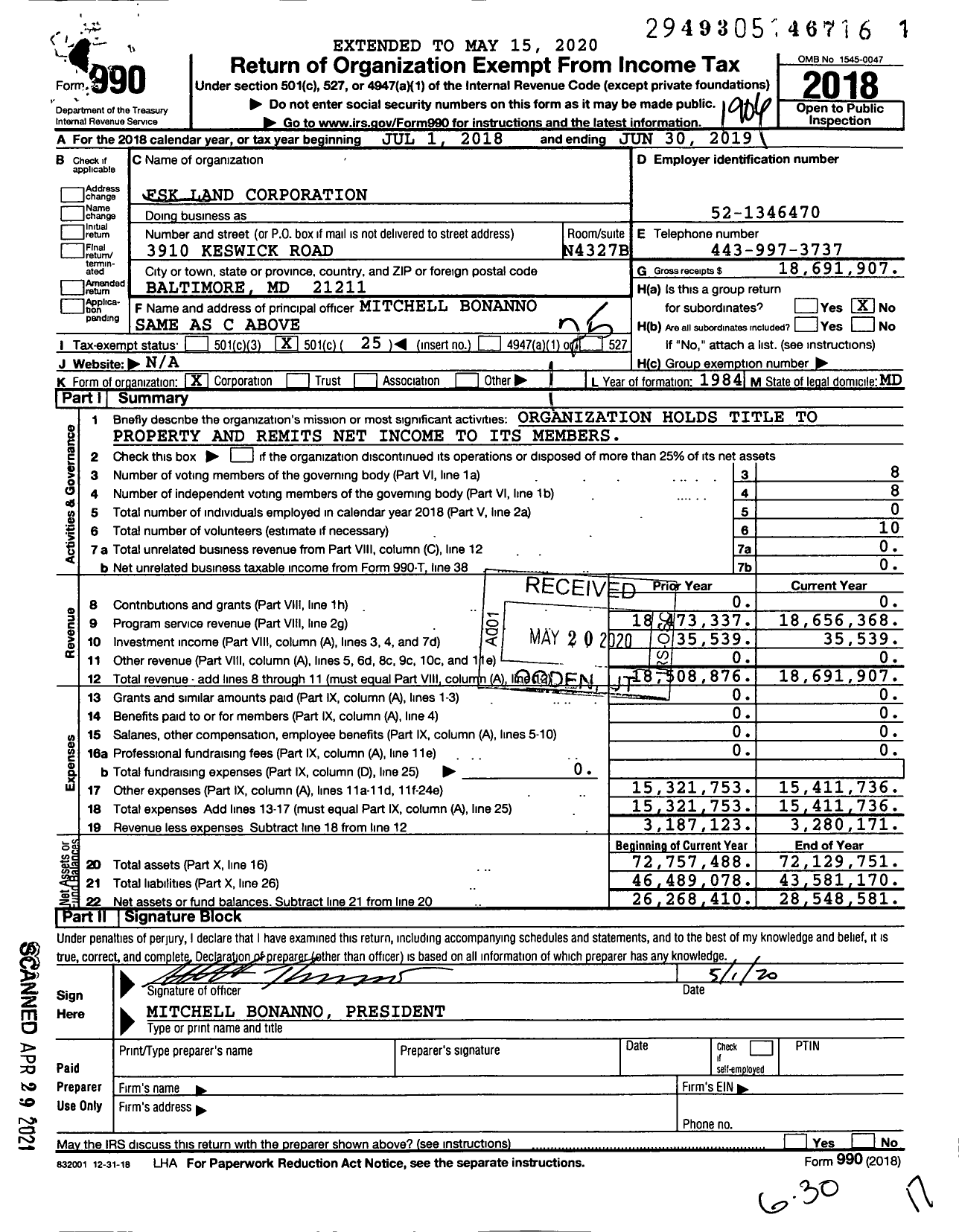 Image of first page of 2018 Form 990O for FSK Land Corporation